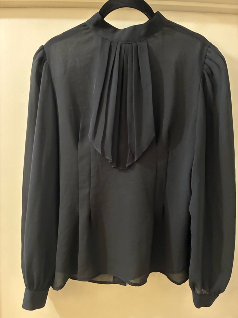 Vintage 80s Black Sheer Pleated High Neck Blouse Office Chic